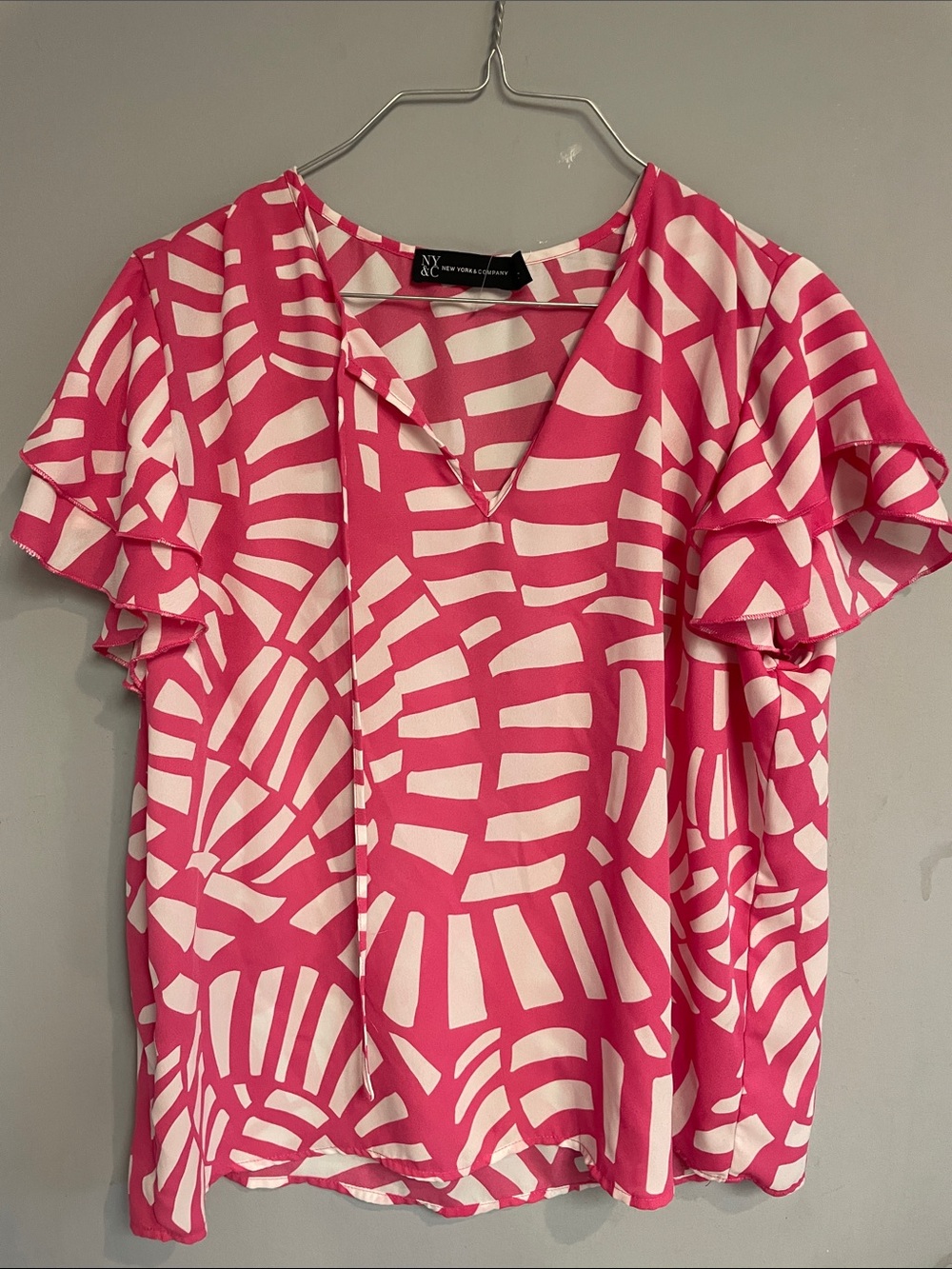 New York & Company Hot Pink and White Patterned Ruffle Sleeve Blouse